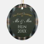Onze eerste kerst meneer en mevrouw Green Plaid Keramisch Ornament (Links)
