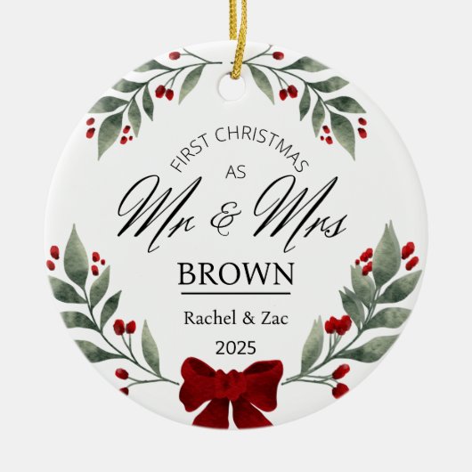 Onze eerste kerst meneer en mevrouw Greenery Water Keramisch Ornament (Voorkant)