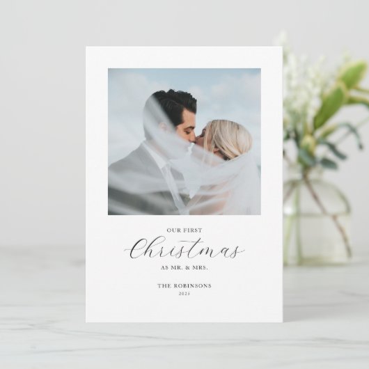 Onze eerste kerst meneer en mevrouw twee foto feestdagenkaart (Staand voorkant)