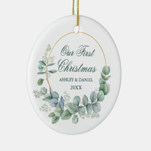 Onze eerste kerst met eucalyptus laat foto terug keramisch ornament