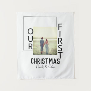 Onze eerste kerst met koppel naam foto minimaal wandkleed