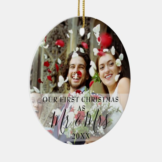 Onze eerste kerst met mijnheer mevrouw Naam Foto V Keramisch Ornament (Rechts)