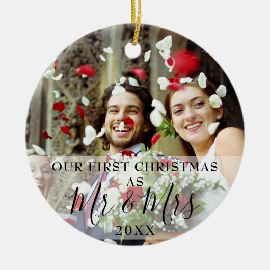 Onze eerste kerst met mijnheer mevrouw Naam Foto V Keramisch Ornament (Voorkant)