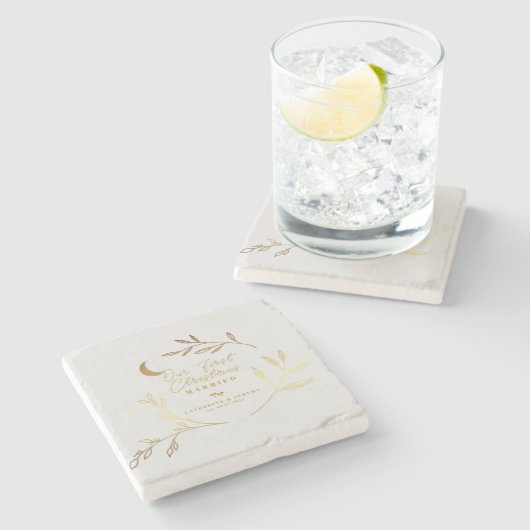 Onze Eerste Kerst Mis Geschenk Gouden Script  Cade Stenen Onderzetter (Zijkant)