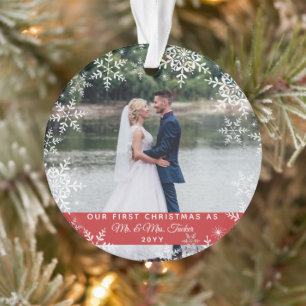 Onze Eerste Kerst Mis Mr. & Mrs. Sneeuwvlokken Ornament
