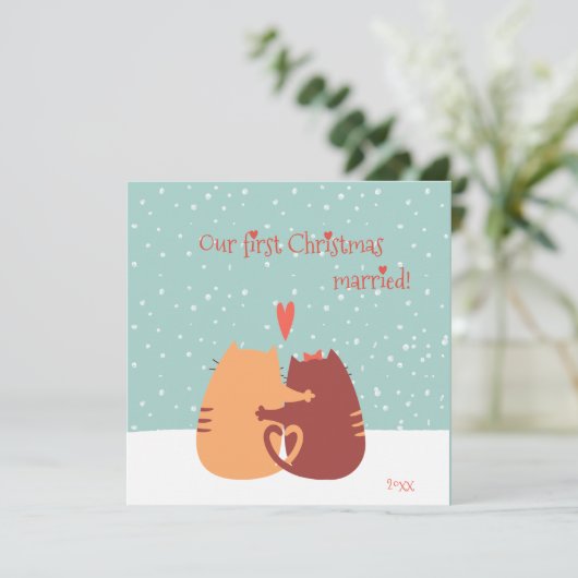 Onze Eerste Kerst Mis -  Twee Schattige Katten Feestdagenkaart (Staand voorkant)