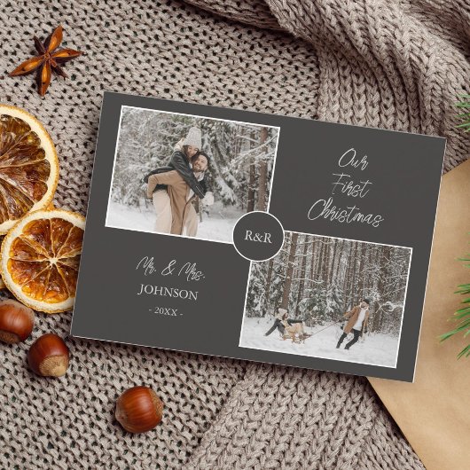 Onze eerste kerst Mr en Mrs Fun Holiday Foto Feestdagenkaart