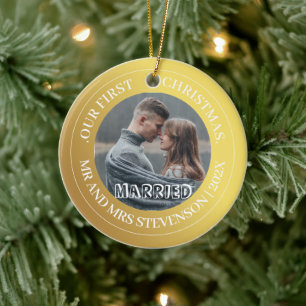 Onze eerste kerst Mr en Mrs Gold Modern Foto Keramisch Ornament