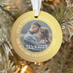 Onze eerste kerst Mr en Mrs Gold Modern Foto Ornament
