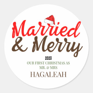Onze eerste kerst Mr en Mrs Pas getrouwd Merry Ronde Sticker