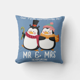 Onze eerste kerst Mr en Mrs Pas getrouwd Penguin Kussen