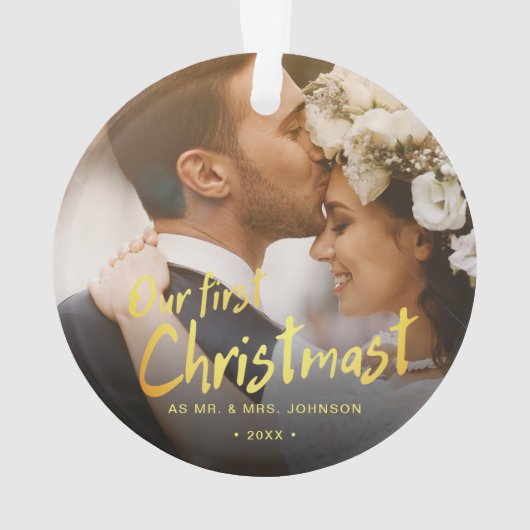 Onze eerste kerst Mr en Mrs Photo Wedding Ornament (achterkant)