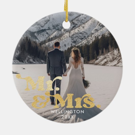 Onze eerste kerst Mr & Mrs Elegant bruiloft foto Keramisch Ornament (Achterkant)