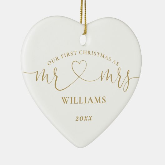 Onze eerste kerst Mr. Mrs. Gold Heart Script Foto Keramisch Ornament (Rechts)