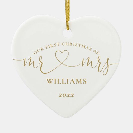 Onze eerste kerst Mr. Mrs. Gold Heart Script Foto Keramisch Ornament (Voorkant)