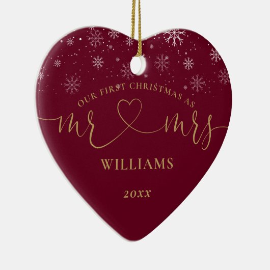 Onze eerste kerst Mr. Mrs. Gold Heart Script Sneeu Keramisch Ornament (Rechts)