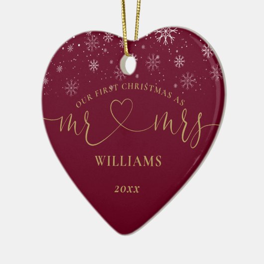 Onze eerste kerst Mr. Mrs. Gold Heart Script Sneeu Keramisch Ornament (Links)