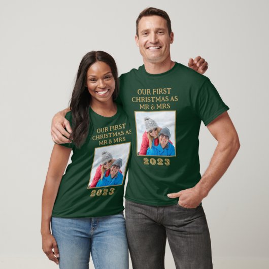 Onze eerste kerst Mr & Mrs Green en gouden foto T-shirt (Unisex)