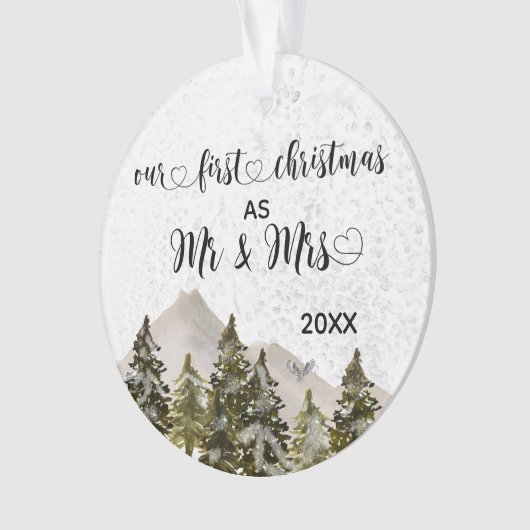 Onze eerste kerst Mr & Mrs Hand Lettered Pine Ornament (voorkant)