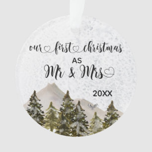 Onze eerste kerst Mr & Mrs Hand Lettered Pine Ornament