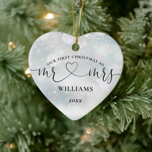 Onze eerste kerst Mr. Mrs. Love Heart Sneeuwvlokke Keramisch Ornament (Boom)