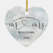 Onze eerste kerst Mr. Mrs. Love Heart Sneeuwvlokke Keramisch Ornament (Voorkant)