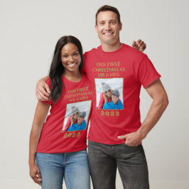 Onze eerste kerst Mr & Mrs Red en Gold Foto T-shirt
