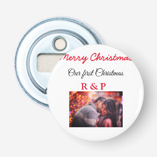 Onze eerste kerst naam foto bruiloft verloofd button flesopener