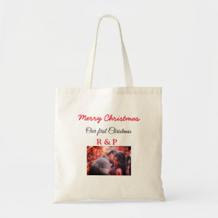 Onze eerste kerst naam foto bruiloft verloofd tote bag