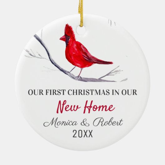 Onze eerste kerst nieuwe huis rode kardinaal vogel keramisch ornament (Achterkant)
