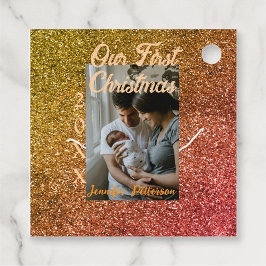 Onze eerste kerst oranje rode glitter fotojaar bedankjes labels (Achterkant)