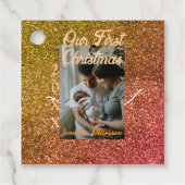 Onze eerste kerst oranje rode glitter fotojaar bedankjes labels (Voorkant)