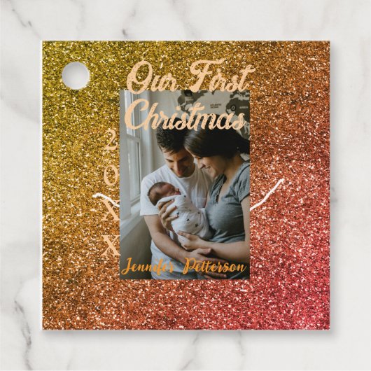 Onze eerste kerst oranje rode glitter fotojaar bedankjes labels (Voorkant)