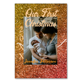 Onze eerste kerst oranje rode glitter fotojaar kaart