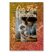 Onze eerste kerst oranje rode glitter fotojaar kaart (Achterkant)