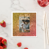 Onze eerste kerst oranje rode glitter fotojaar servet (Insitu)