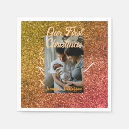 Onze eerste kerst oranje rode glitter fotojaar servet