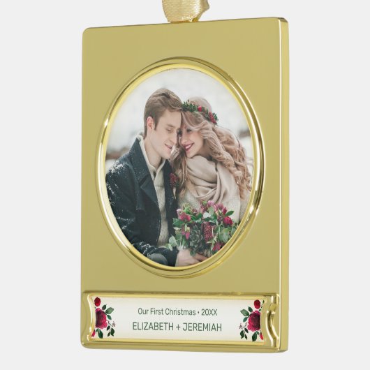 Onze Eerste Kerst Pas getrouwd Foto Waterverf Roos Verguld Banner Ornament (Links)