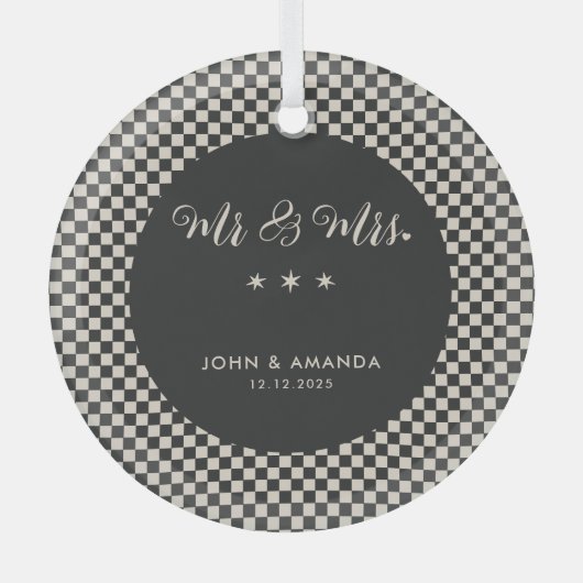 Onze eerste kerst Pas getrouwd Retro meneer en mev Glas Ornament (Voorkant)