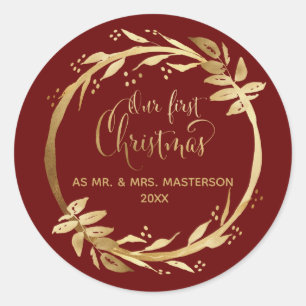 Onze eerste Kerst Passen getrouwd Goud Bourgogne Ronde Sticker