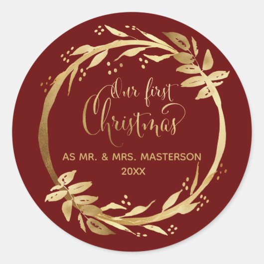 Onze eerste Kerst Passen getrouwd Goud Bourgogne Ronde Sticker (Voorkant)