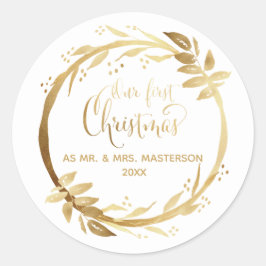 Onze eerste Kerst Passen getrouwd Goud Wit Ronde Sticker