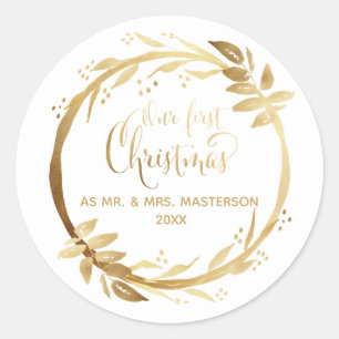 Onze eerste Kerst Passen getrouwd Goud Wit Ronde Sticker