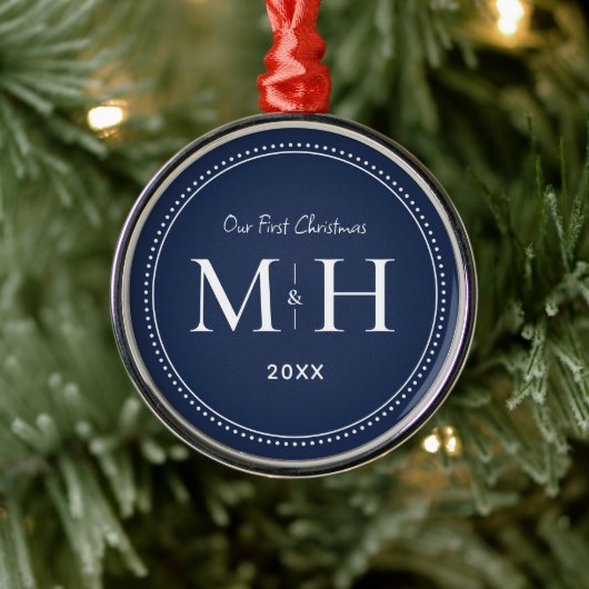 Onze eerste kerst Passen getrouwd Monogram Navy Bl Metalen Ornament (Boom)