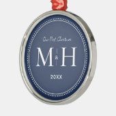 Onze eerste kerst Passen getrouwd Monogram Navy Bl Metalen Ornament (Links)