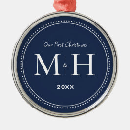 Onze eerste kerst Passen getrouwd Monogram Navy Bl Metalen Ornament