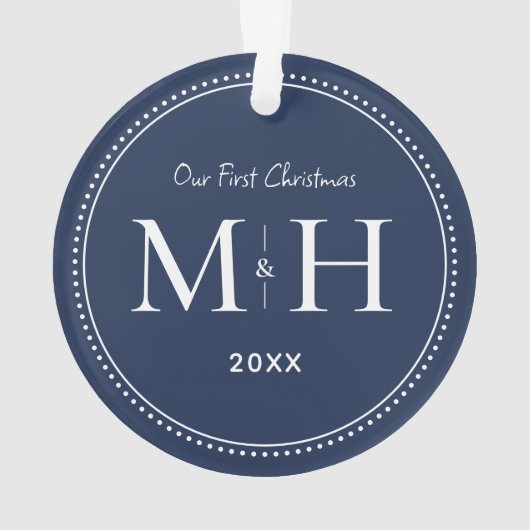Onze eerste kerst Passen getrouwd Monogram Navy Bl Ornament (achterkant)
