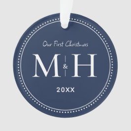 Onze eerste kerst Passen getrouwd Monogram Navy Bl Ornament