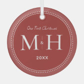 Onze eerste kerst Passen getrouwd Monogram rood Glas Ornament (Voorkant)