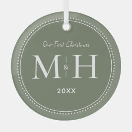 Onze eerste kerst Passen getrouwd Monogram Sage Gr Glas Ornament